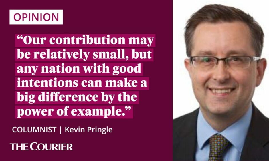 Image shows the writer Kevin Pringle next to a quote: "Our contribution may be relatively small, but any nation with good intentions can make a big difference by the power of example."