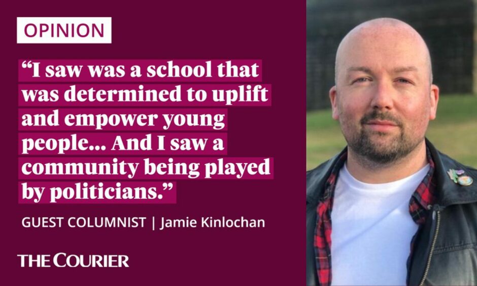 image shows the writer Jamie Kinlochan next to a quote: "I saw a school that was determined to uplift and empower young people.... And I saw a community being played by politicians."