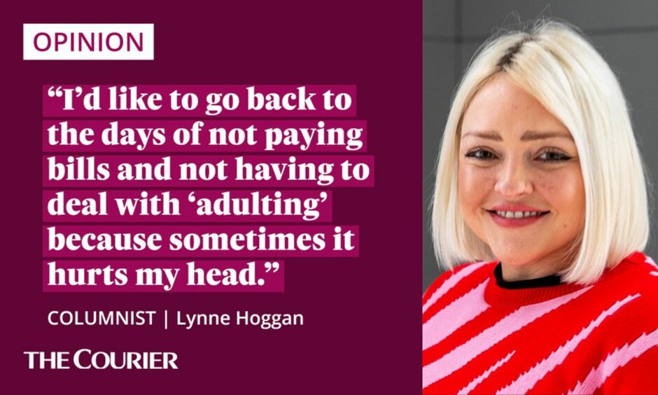 image shows the writer Lynne Hoggan next to a quote: "I'd also like to go back to the days of not paying bills and not having to deal with 'adulting' because sometimes it hurts my head."