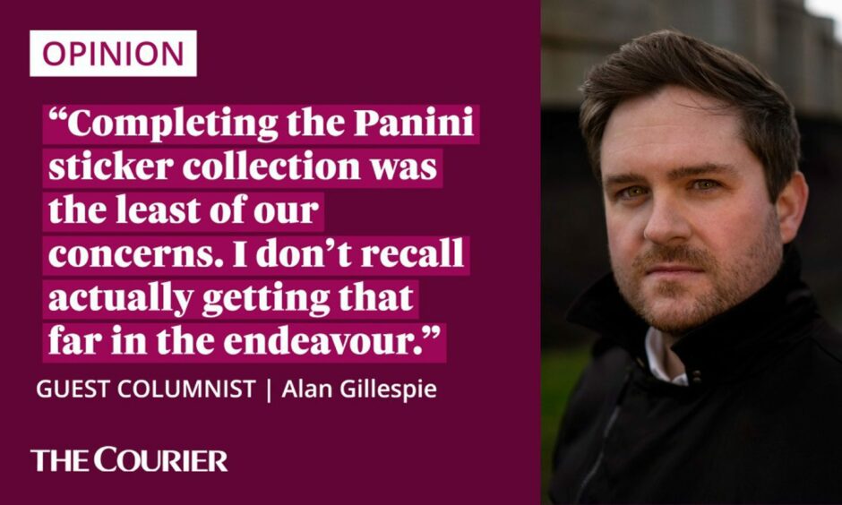 Image shows the writer Alan Gillespie next to a quote: "Completing the Panini sticker collection was the least of our concerns. I don’t recall actually getting that far in the endeavour."