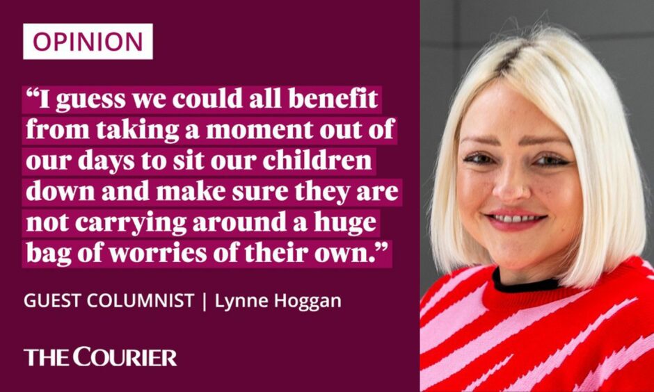 Image shows the writer Lynne Hoggan next to a quote: "I guess we could all benefit from taking a moment out of our days to sit our children down and make sure they are not carrying around a huge bag of worries of their own."