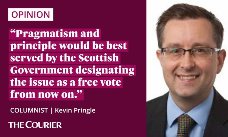 image shows the writer Kevin Pringle next to a quote: "Pragmatism and principle would be best served by the Scottish Government designating the issue as a free vote from now on."