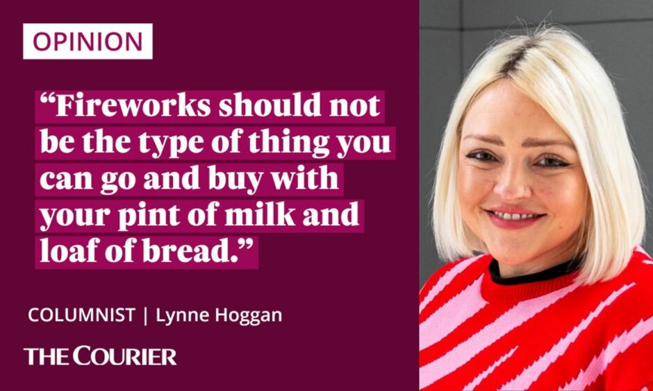 image shows the writer Lynne Hoggan next to a quote: "Fireworks should not be the type of thing you can go and buy with your pint of milk and loaf of bread."