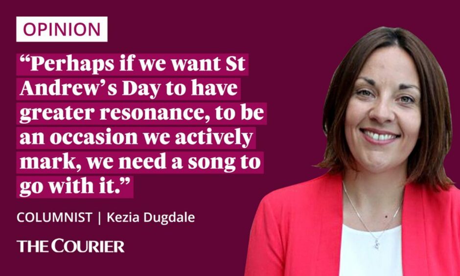 image shows the writer Kezia Dugdale next to a quote: "Perhaps if we want St Andrew's Day to have greater resonance, to be an occasion we actively mark, we need a song to go with it."