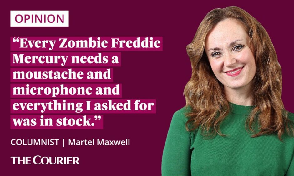 image shows the writer Martel Maxwell next to a quote: "Every Zombie Freddie Mercury needs a moustache and microphone and everything I asked for was in stock."