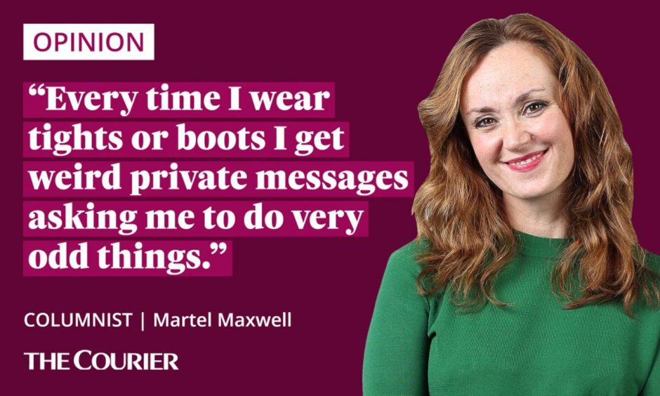 image shows the writer Martel Maxwell next to a quote: "Every time I wear tights or boots I get weird private messages asking me to do very odd things."