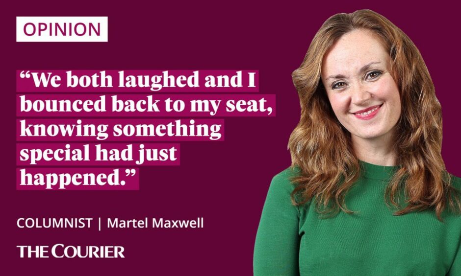 image shows the writer Martel Maxwell next to a quote: "We both laughed and I bounced back to my seat, knowing something special had just happened."