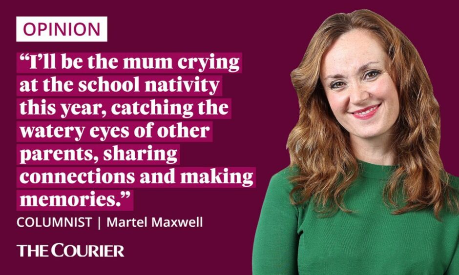 image shows the writer Martel Maxwell next to a quote: "I’ll be the mum crying at the school nativity this year, catching the watery eyes of other parents, sharing connections and making memories."