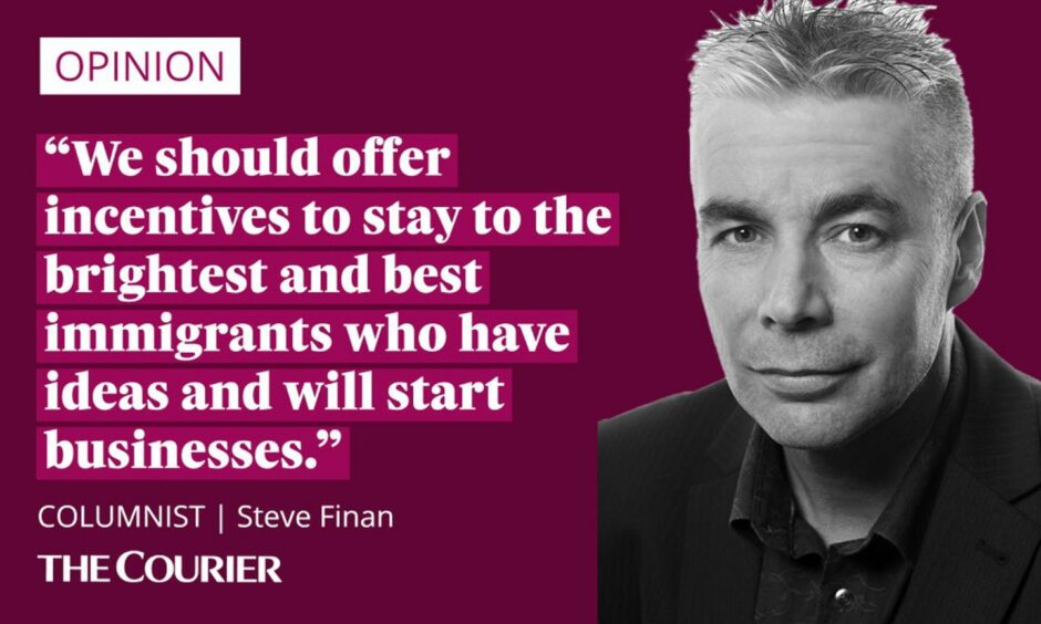 image shows the writer Steve Finan next to a quote: "We should offer incentives to stay to the brightest and best immigrants who have ideas and will start businesses."