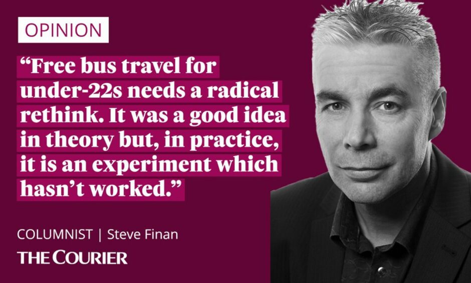 image shows the writer Steve Finan next to a quote: "Free bus travel for under-22s needs a radical rethink. It was a good idea in theory but, in practice, it is an experiment which hasn’t worked."
