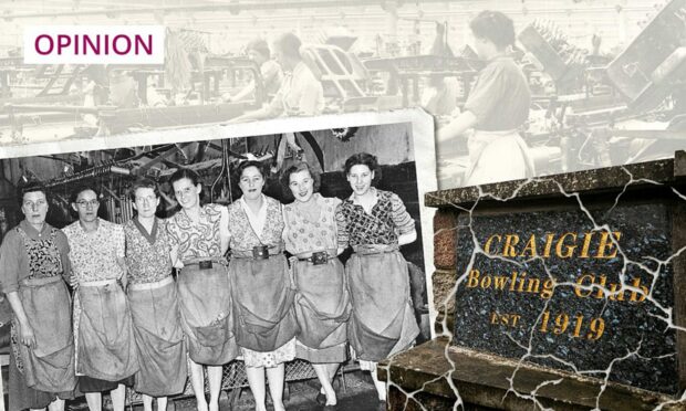 Image shows old photos of women working in the jute mills and the sign for Craigie Bowling Club in Dundee.