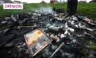 Picture shows; charred and smouldering debris after Monday night's riots in Kirkton.