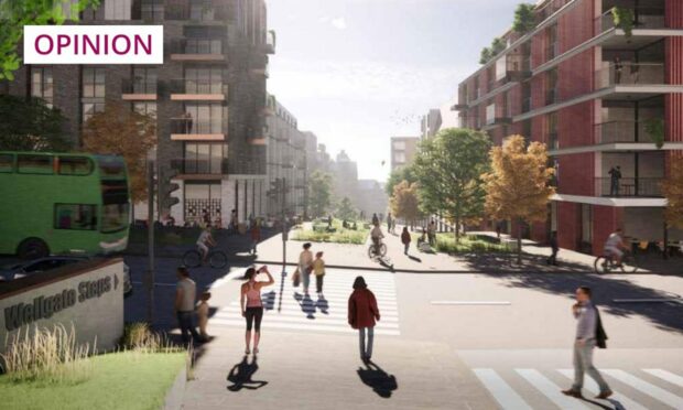 artist's impression of how the Hilltown area of Dundee might look with pedestrians and trees, looking towards the city centre.