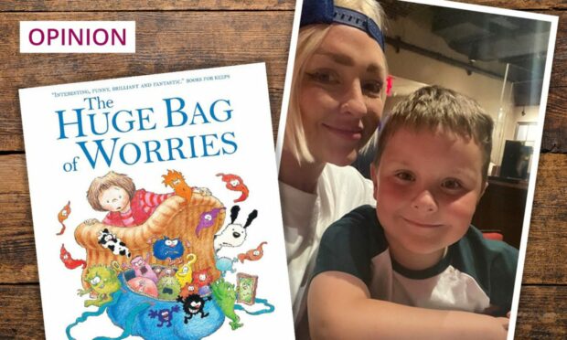 photo shows Lynne Hoggan and her young son Noel, with a copy of a children's book called The Huge Bag of Worries.