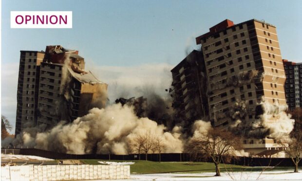 photo shows demolition of the Ardler multi-storey flats in Dundee in 1999.