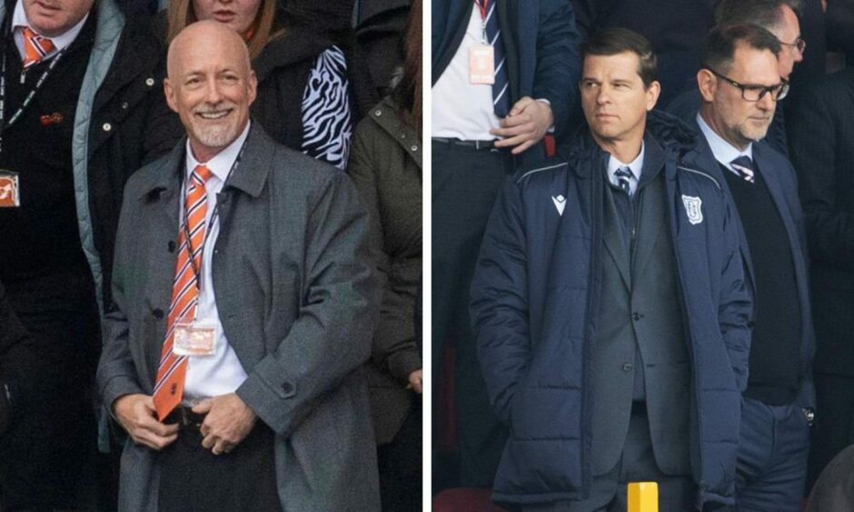 Dundee United owner Mark Ogren (left) and Dundee counterpart Tim Keyes with managing director John Nelms (right). Images: SNS