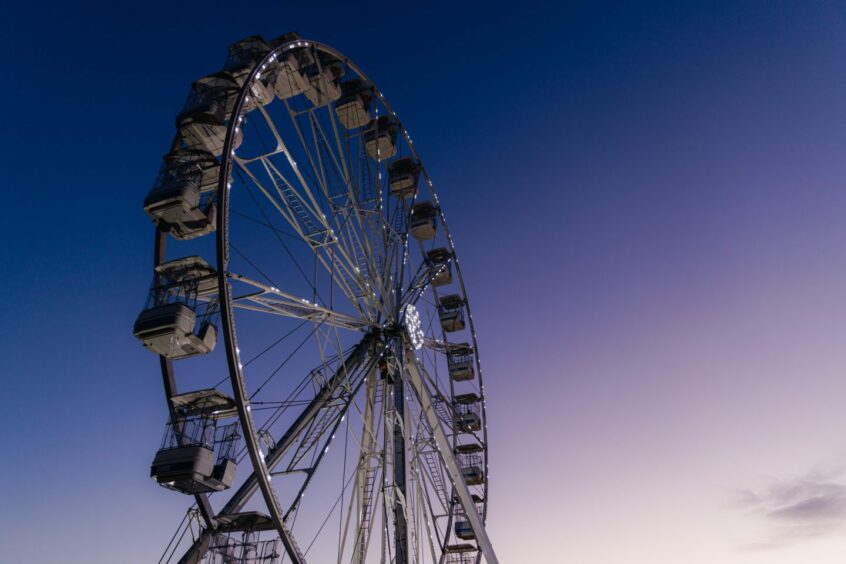 The Dundee Winterfest big wheel at sundown.