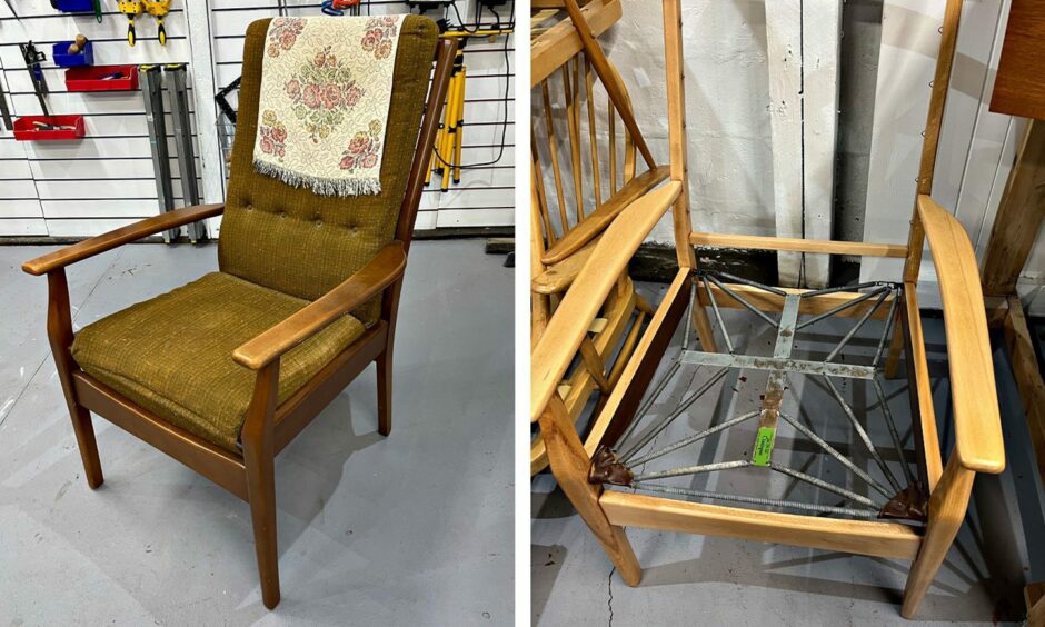 A side by side of an antique chair, before and after. The first is in one piece and the second shows the confusing springs underneath the seatAlfie shares how to upcycle chairs like these. 