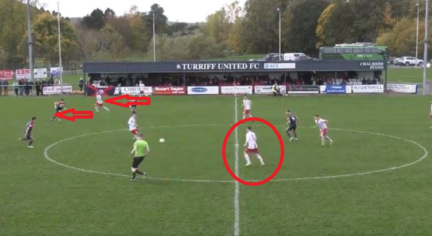 McDonald checks his run, raceives the pass back and lays the ball off to Kieran Inglis (circled). The three other Brechin players have continued bursting forward.