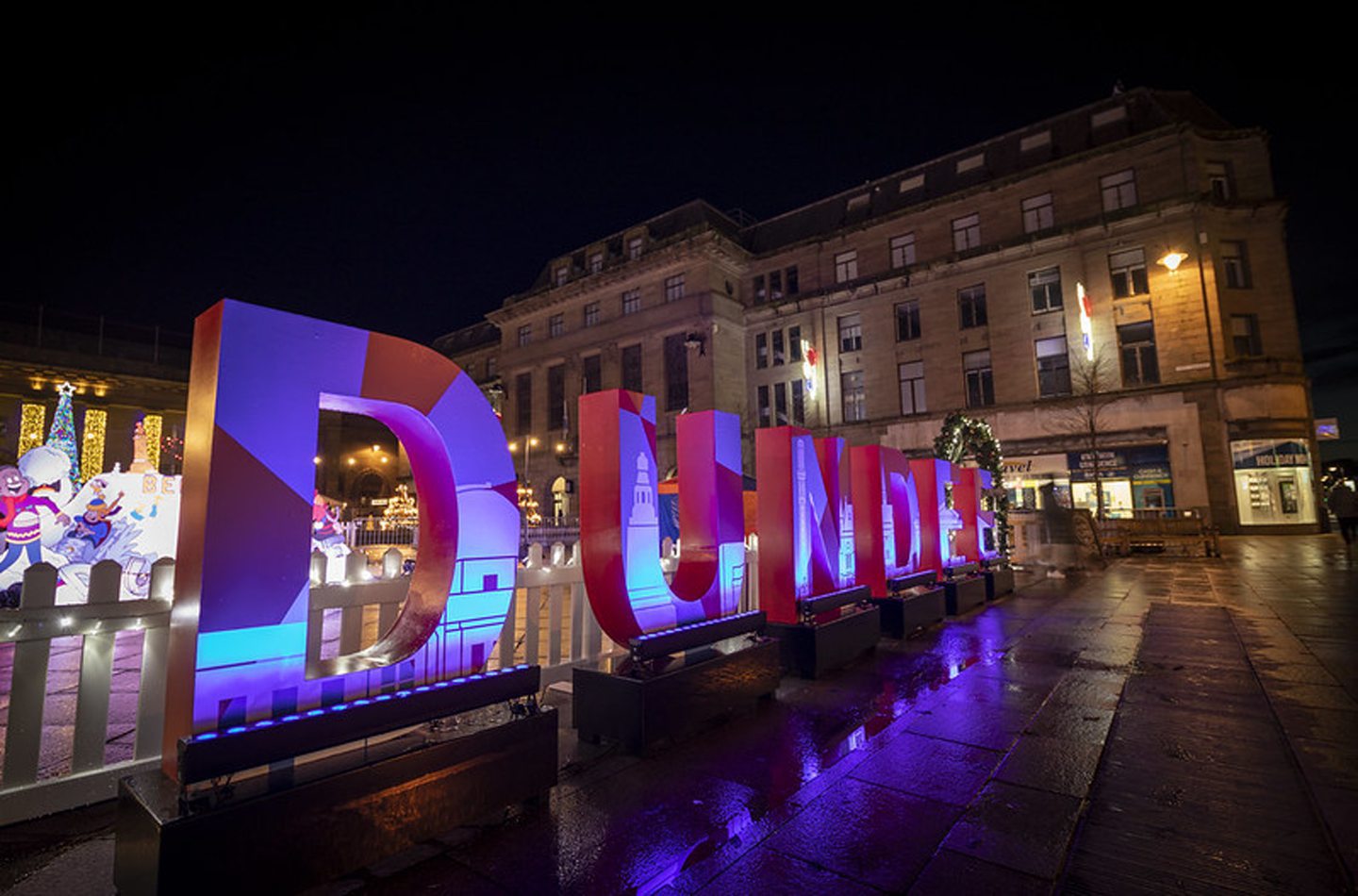 Dundee City Square lit up for Christmas.