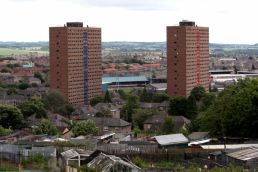 photo shows the two tall Derby Street blocks of multi-storey flats in Dundee.