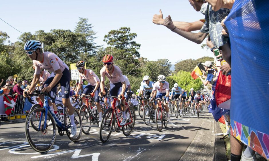 Cyclists taking part in a UCI World Championship road cycling event in Australia.