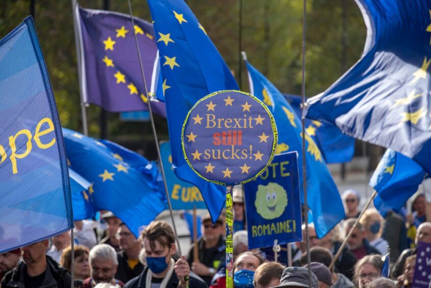 photo shows anti-Brexit protesters at a rejoin the EU march in London.