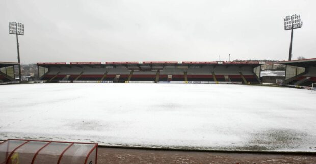 Extreme weather has hit Scotland this week, including at the Excelsior Stadium. Image: SNS.