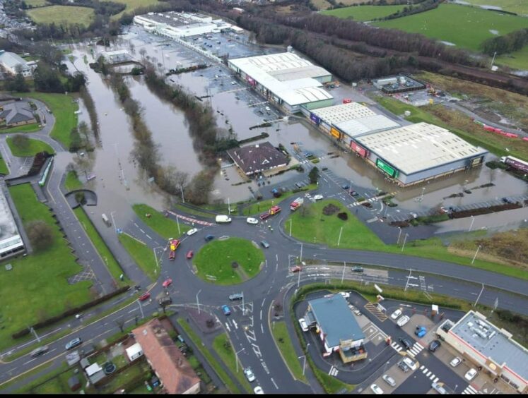 An aerial view of the flooding at Halbeath Retail Park.