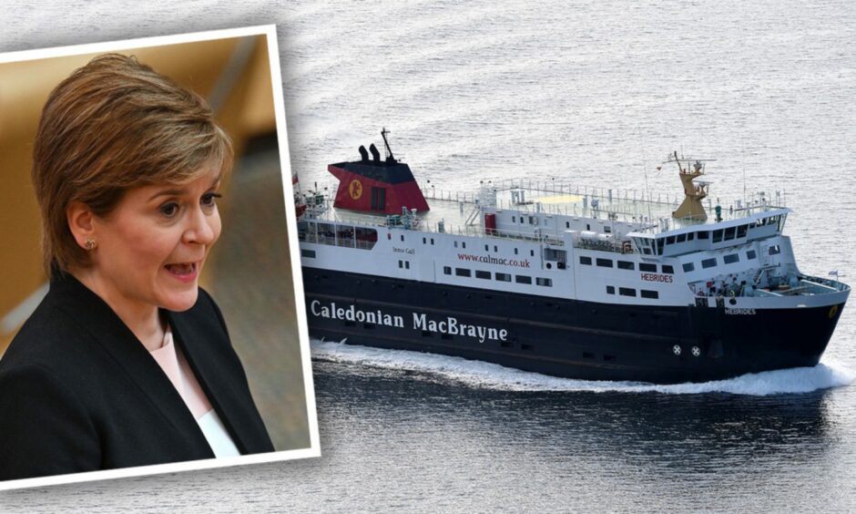 Nicola Sturgeon and a Caledonian MacBrayne ferry.