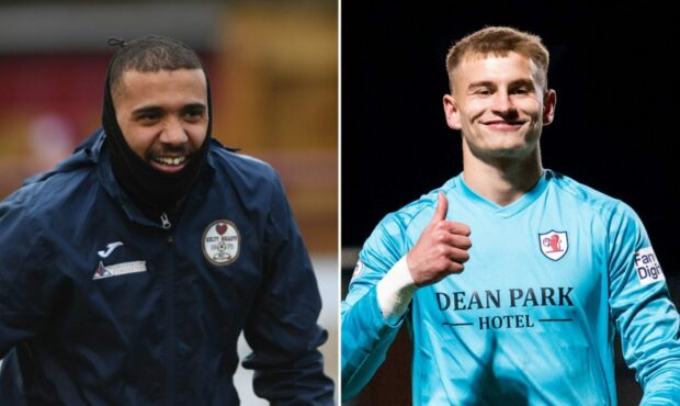 Kelty striker Nathan Austin (left) and Raith keeper Andy McNeil. Images: SNS.