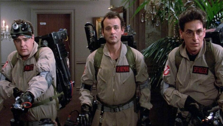 cast of Ghostbusters in a scene from the film.