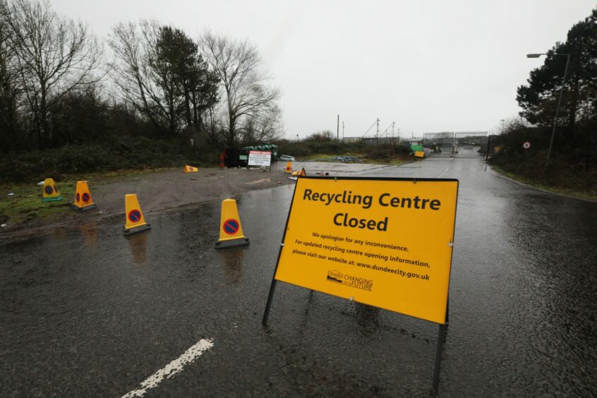 Riverside recycling centre, which had been closed due to flooding. Image: Gareth Jennings/DC Thomson.