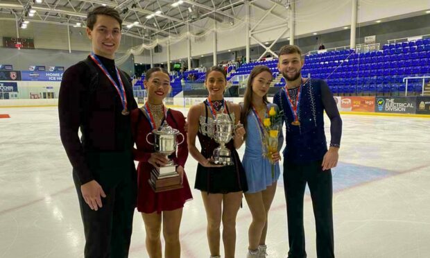 Dundee figure skating success at British Championships in Sheffield. from left to right Luke Digby, Anastasia Vaipan-Law, Natasha McKay, Lucy Hay and Kyle McLeod Image: Ice Dundee.