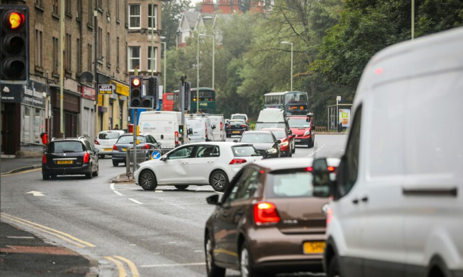 Heavy traffic on Lochee Road in Dundee, which sits outside the new low emissions zone for the city.