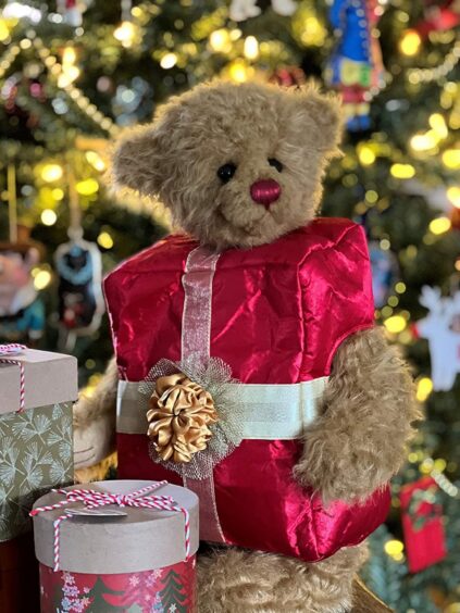 teddy bear in front of Christmas tree