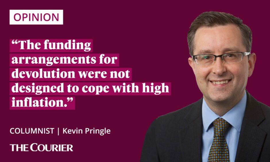 image shows the writer Kevin Pringle next to a quote: "the funding arrangements for devolution were not designed to cope with high inflation.."