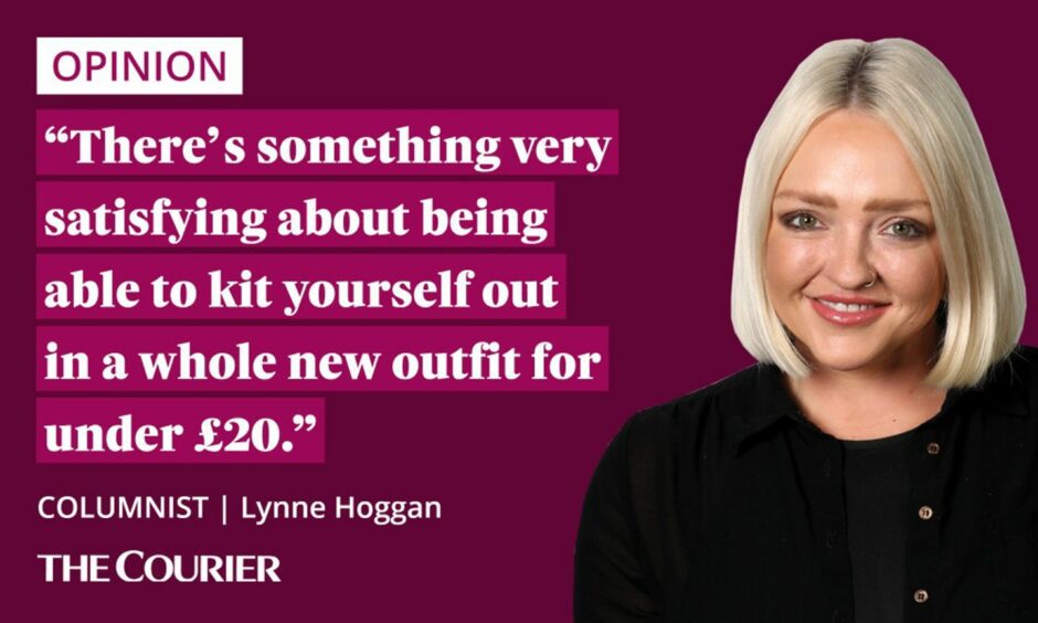 image shows the writer Lynne Hoggan next to a quote: "There's something very satisfying about being able to kit yourself out in a whole new outfit for under £20."
