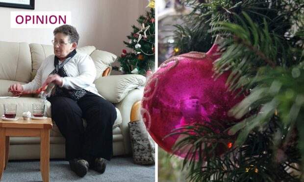 the writer's late mother next to a Christmas tree, and an old fashioned Christmas bauble.