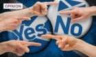 people pointing fingers at one another in front of badges saying 'Yes' and 'No'