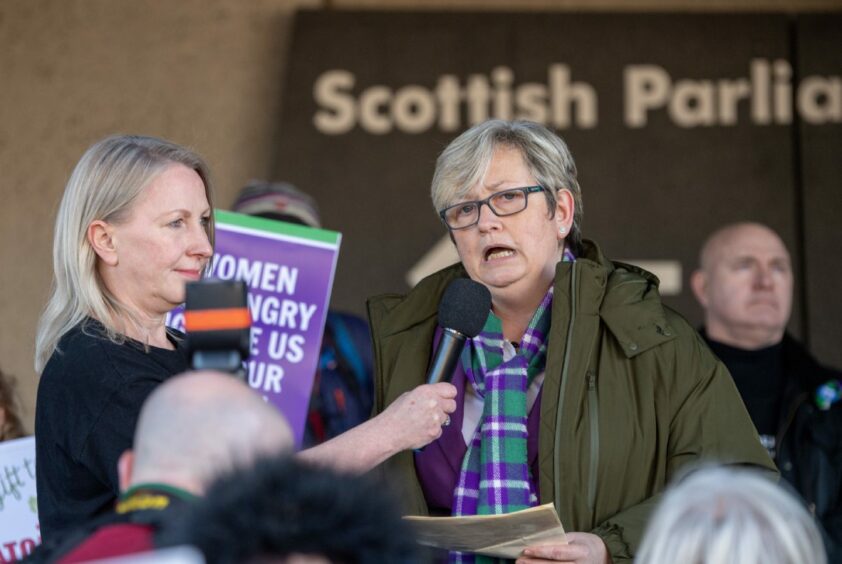 Joanna Cherry speaking to opponents of the ender Recognition Reform (Scotland) Bill outside the Scottish Parliament.