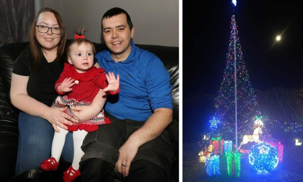 Ross and Joanne McKain with daughter Penney, and Christmas lights at Beechgrove Place in Perth. Image: Gareth Jennings/DC Thomson, Alistair Smith.