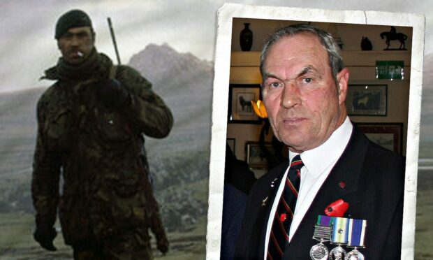 George Mechen on Sapper Hill during the Falklands Conflict and right, in later life.