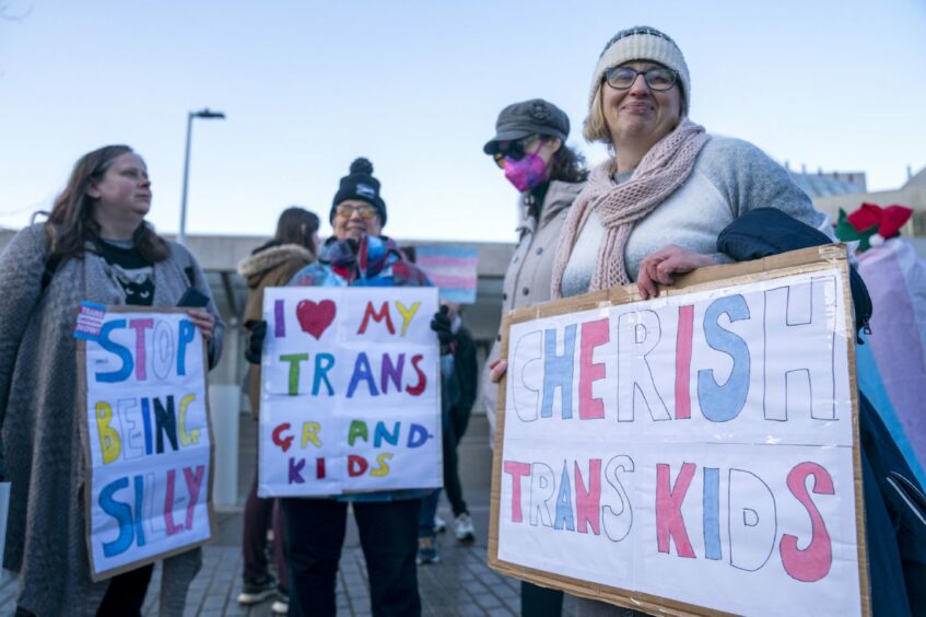 women holding handmade placards which read 'I love my trans grandkids' and 'Cherish trans kids'.