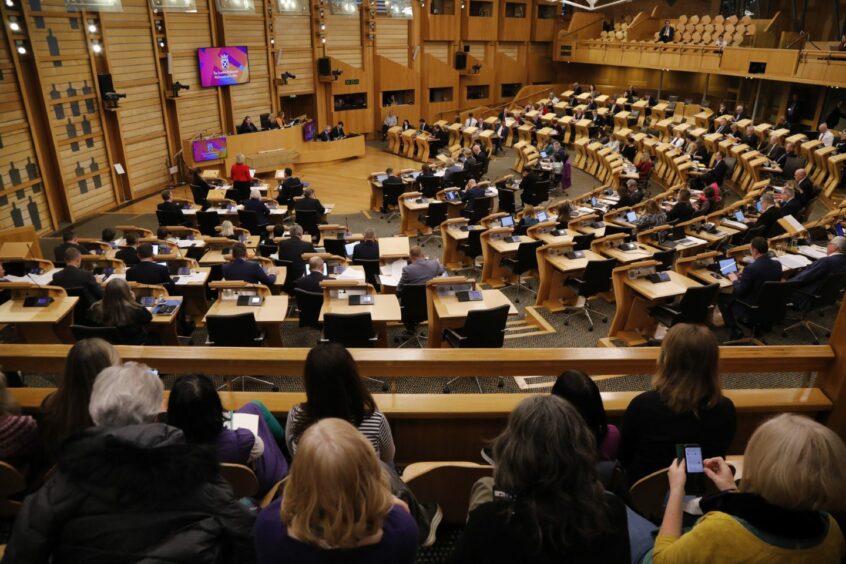 interior of Scottish Parliament debating chamber.