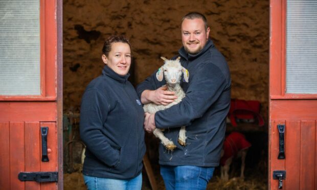 Laury-Anne Boschman and Andrew Johnston from Annfield Farm with goat Amethyst. Image: Steve MacDougall/DC Thomson.