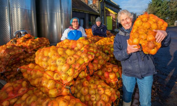 Trainee Lilou Marcenat, fruit press operator Kay McLean and co-founder Judith Gillies with some of this year's apple crop. Image: Steve MacDougall/DC Thomson