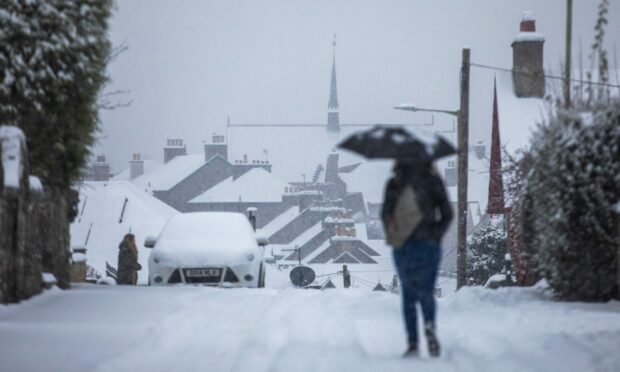 Snow on Moncreiffe Terrace looking towards Craigie Church in Perth on Friday. Image: Steve MacDougall/DC Thomson.