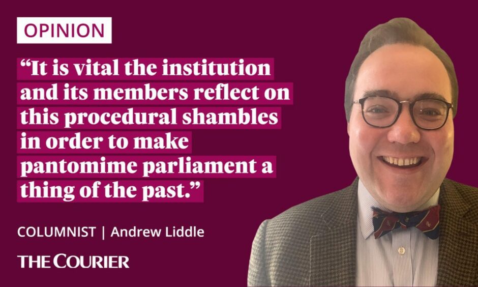 the writer Andrew Liddle next to a quote: "In the interests of good governance, it is vital the institution and its members reflect on this procedural shambles in order to make pantomime parliament a thing of the past."
