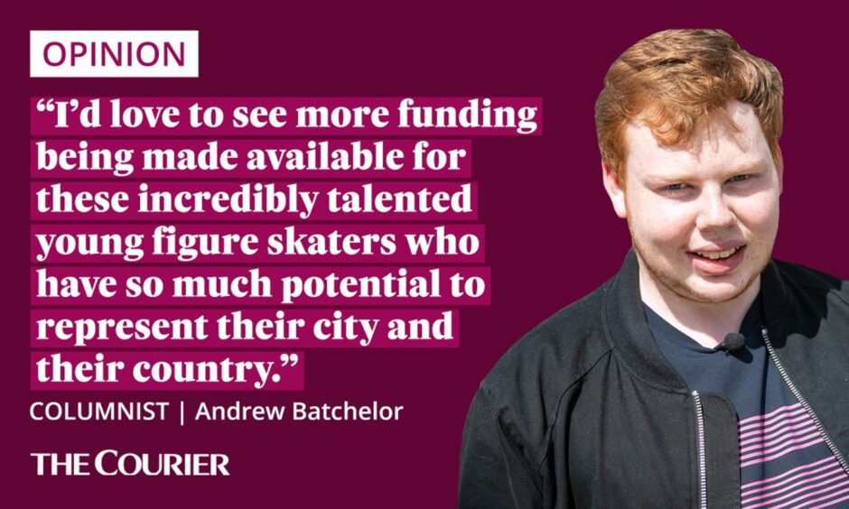 image shows the writer Andrew Batchelor next to a quote: "I'd love to see more funding being made available for these incredibly talented young figure skaters who have so much potential to represent their city and their country in national and international competitions.."